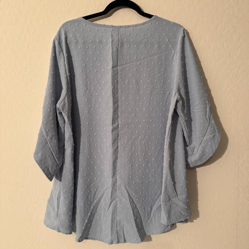 SHEIN Curve Blue Blouse | Textured Swiss Dot Roll-Tab Sleeve Top | Size 1XL - Picture 4 of 4